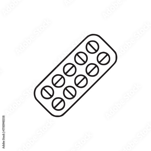 Illustration of a blister pack the icon is drawn in black outline and is simple and clean, making it easily recognizable and suitable for various digital and print applications