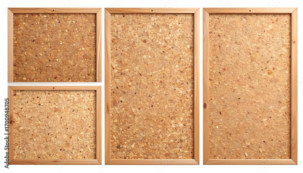 Fototapeta premium Four framed corkboards of various sizes display a natural, textured surface.