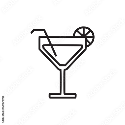 Vector art of minimalist line art illustration of a cocktail glass with a straw and citrus garnish, this simple design is perfect for bar menus or drink promotions