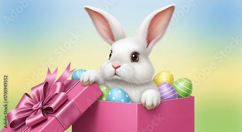 Whimsical Easter delight, a charming white rabbit emerges from a pink gift box filled with