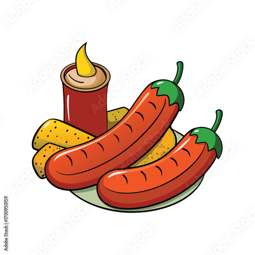 Grilled sausage links with peppers and sauce illustration