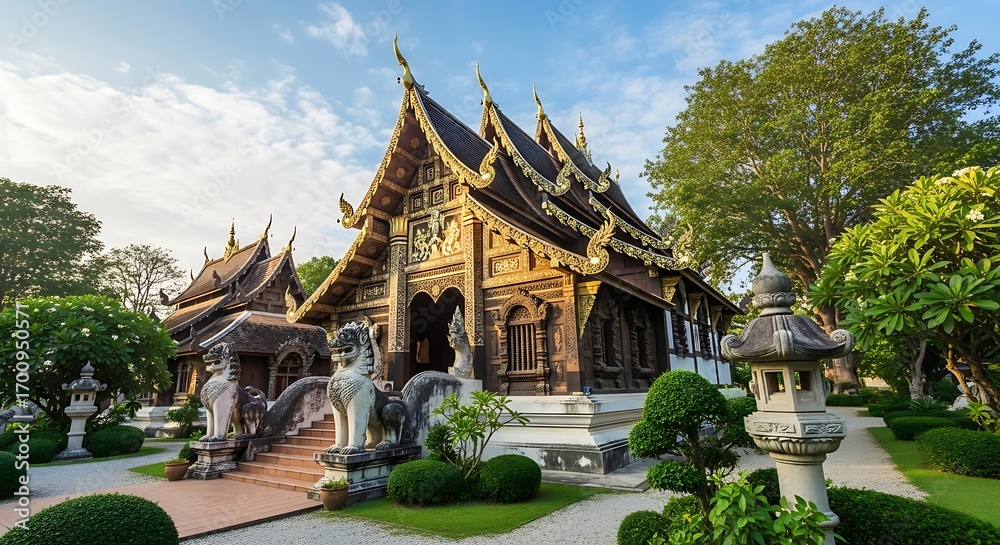 Obraz premium Magnificent traditional thai architecture with temple complex and natural garden surroundings