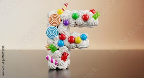Whimsical letter 'F' crafted from swirls of meringue adorned with lollipops and gummy bears