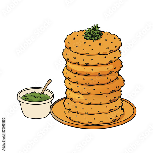Crispy hash brown stack with flavorful dipping sauces and fresh herbs