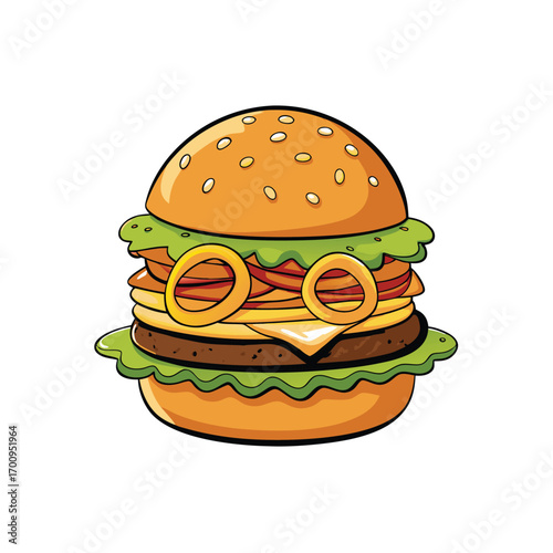 Jumbo burger with crispy onion rings and dipping sauce illustration