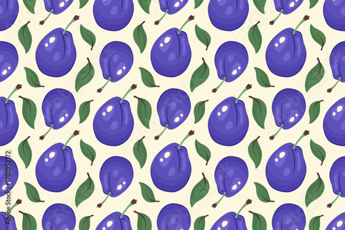 Plum background. Fruit Seamless pattern. Whole Ripe Plum with green leaf. Repeatable texture with fresh juicy vitamin. Vector illustration for wallpaper, textile, print, packaging