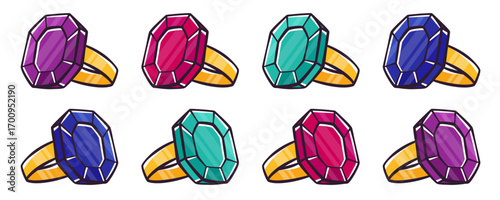 Golden rings icon set. Vintage brilliant gold jewelry isolated. Gold ring with  coloured precious stones. Colourful Diamond gold jewellery. Luxury bijouterie. Vector illustration