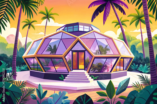 Hexagon futuristic villa in tropical forest, geometric glass design reflecting sunlight and lush greenery