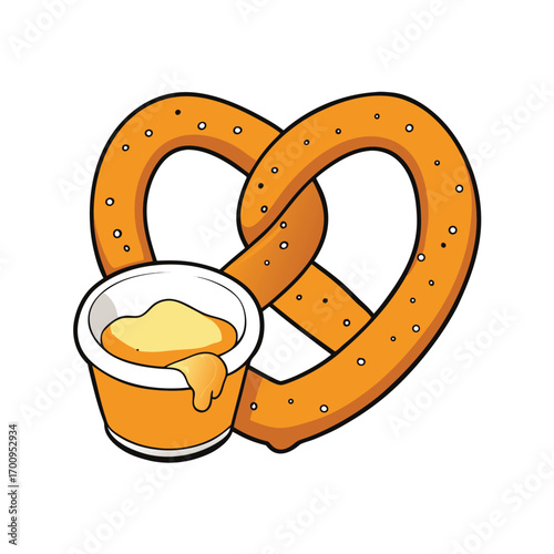 Jumbo pretzel with cheese dip and mustard illustration