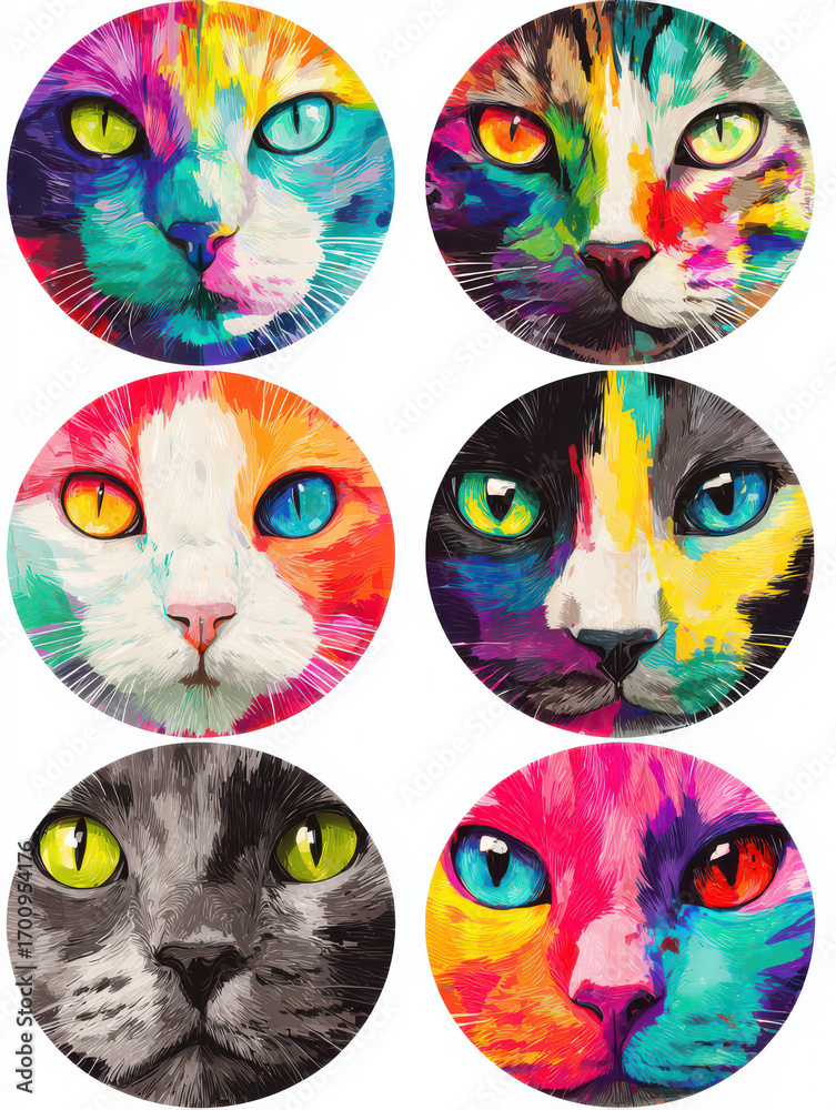 Fototapeta premium Vibrant Cat Portraits: A collection of six colorful cat portraits, showcasing the striking beauty of felines in a riot of colors, each with unique hues.