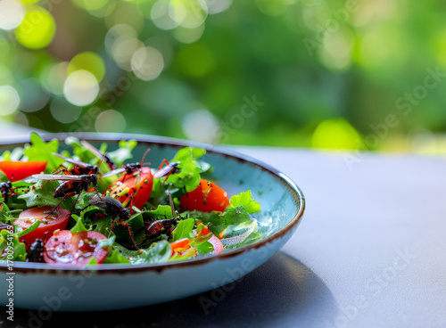 fresh salad in a bowl with insects