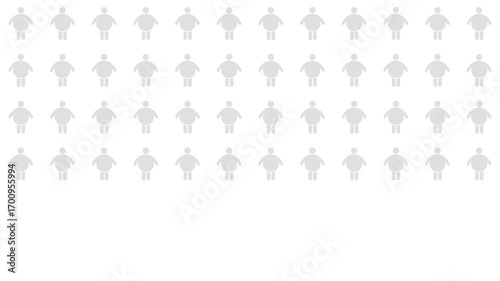 Grey icons of obese figures increasing from left to right, infographic animation. Symbolizing lifestyle diseases and health risks. 4K pictogram motion graphic with blur and opacity animations