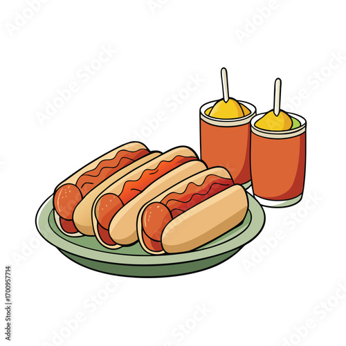 Mini hot dogs in buns with assorted dipping sauces illustration
