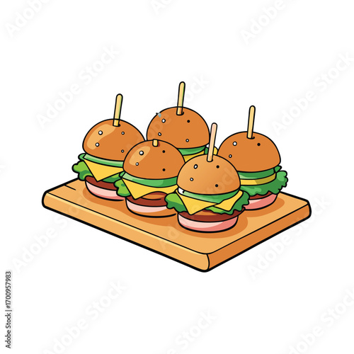 Mini slider burgers with crispy fries on a wooden board