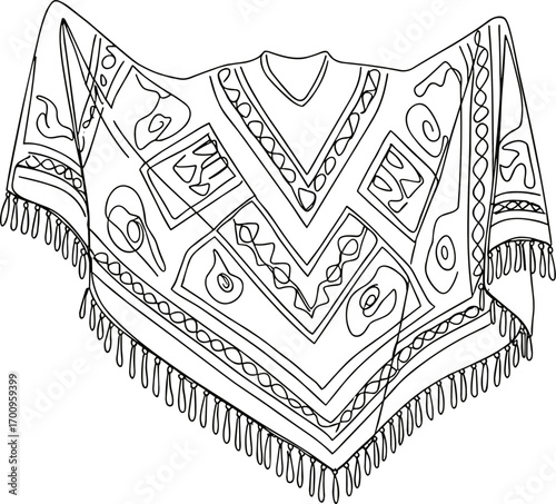 Detailed line art of a patterned poncho with fringes and geometric designs  