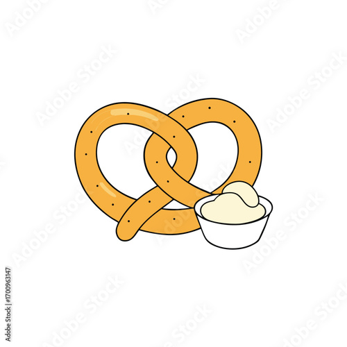 Soft pretzel with creamy cheese dip and salt illustration