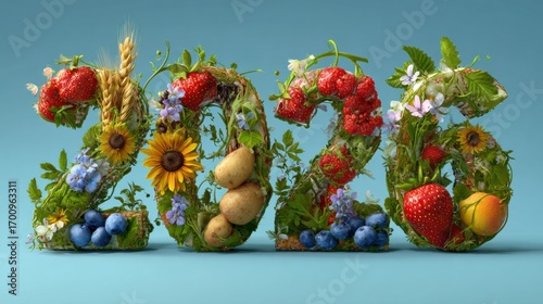 3D semi-realistic 2026 numbers with fruits, crops and flowers growing through, agricultural design