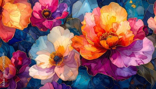 Vibrant floral artwork showcases a profusion of colorful blooms, each petal exquisitely detailed, in a rich, artistic display.