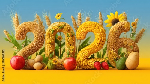3D semi-realistic 2026 numbers with fruits, crops and flowers growing through, agricultural design