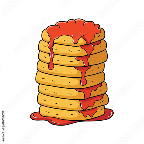 Stack of golden hash browns with ketchup drizzle