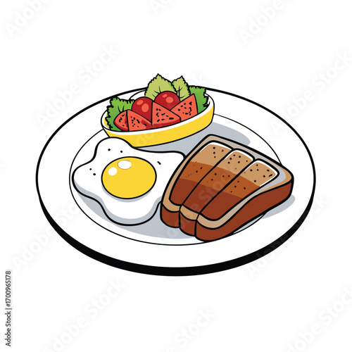Classic steak and eggs breakfast with toast illustration