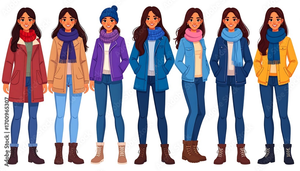Fototapeta premium Colorful winter outfits for women in various styles displayed against a plain white backdrop.