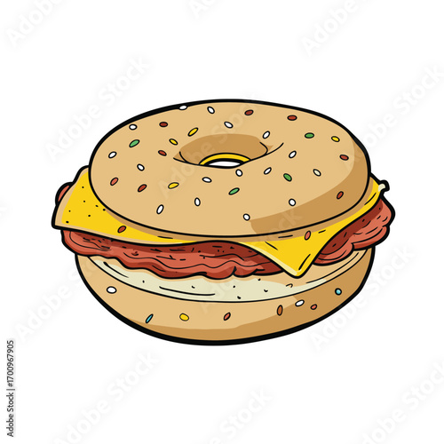 Delicious bacon egg and cheese bagel sandwich illustration
