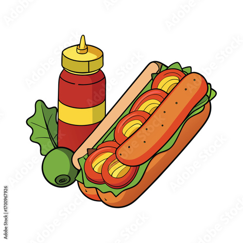 Delicious bacon wrapped hot dogs with pickles and mustard illustration
