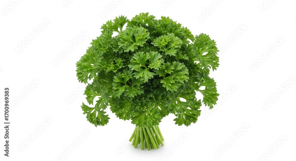 Fototapeta premium Close-up studio shot capturing the vibrant green freshness of curly parsley, showcasing its intricate texture and vibrant color against a pristine white background .