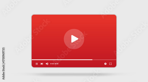 Video player interface isolated on white background. Video streaming template. Mockup live stream window, player. Online broadcasting. Social media concept.