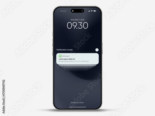 Smartphone notification center template, displaying alerts and new message on screen