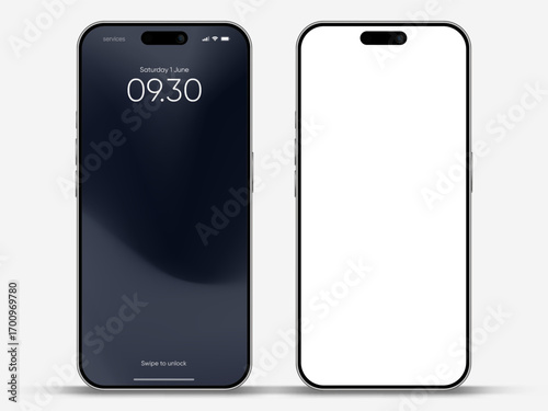 Realistic smartphone mockup. Mobile phone vector with isolated on white background. Device front view. 3D mobile phone with shadow. Realistic, high quality smart phone mockup for ui ux presentation.