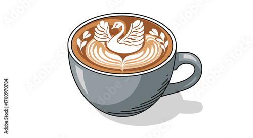 A beautifully illustrated coffee cup with an elegant swan latte art design on a white background vector graphic
