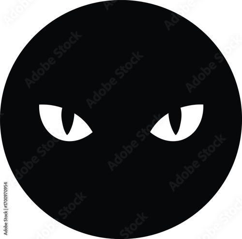Black circle with cat eyes, mysterious silhouette, feline gaze, spooky design, animal eyes, dark icon, eerie symbol, minimalist illustration