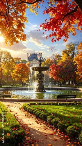 Autumnal park scene with a fountain, vibrant fall colors, and warm sunlight illuminating a picturesque garden.