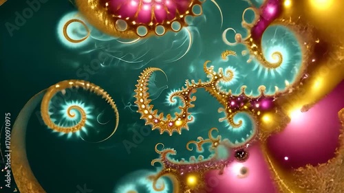 Abstract fractal design with swirling patterns in teal, gold, and pink