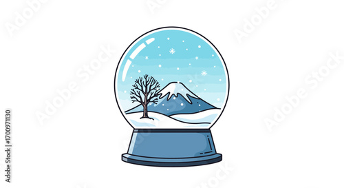Charming snow globe illustration showcasing a serene winter landscape with a tree and mountain under gentle snowfall