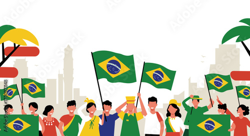 Cheerful crowd of diverse people celebrating with Brazil flags in a vibrant city scene, showcasing unity and national pride