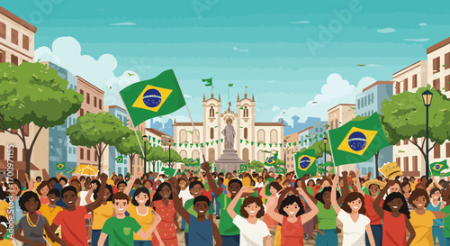 Cheerful crowd waving Brazilian flags in vibrant city square celebrating national pride and unity