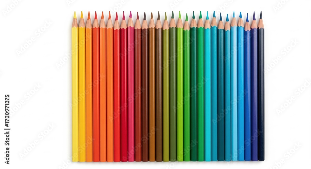 Obraz premium Square arrangement of vibrant color pencils creates a captivating spectrum against a clean white background, perfect for artistic and educational visuals .