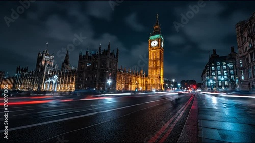 A vibrant urban cityscape at night, illuminated by streaks of light from moving vehicles.