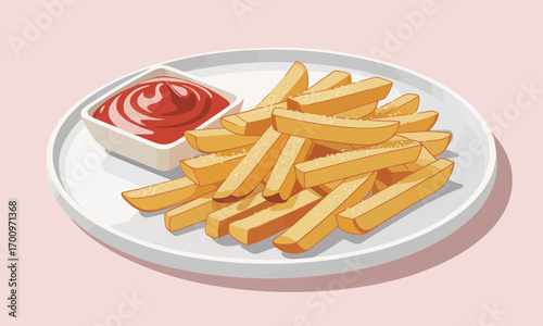 Delicious golden french fries sprinkled with salt served on a plate next to a bowl of ketchup for dipping