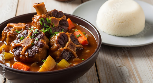 Hearty oxtail stew with root vegetables and side of white rice