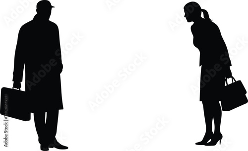 Business man and woman silhouette, professional office workers, formal attire, business briefcase, corporate communication, business meeting, professional teamwork, executive style, work environment