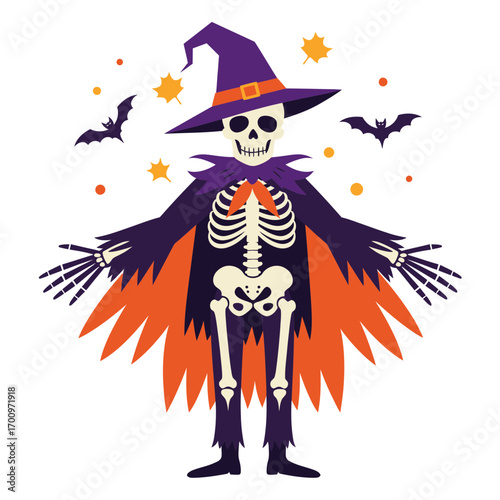 Halloween skeleton in witch hat with cape, bats and stars spooky season vector illustration for festive designs
