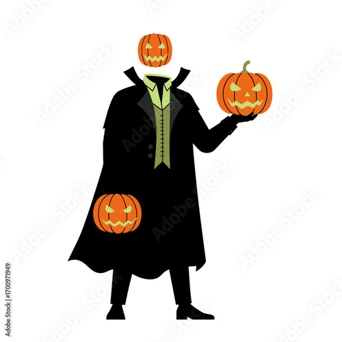 Headless horseman illustration with pumpkins for head and hands, a Halloween vector graphic artwork with spooky elements