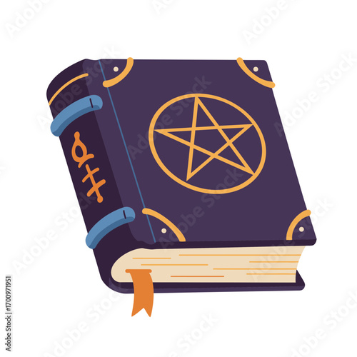 Illustrated spellbook with pentagram and alchemical symbols for witchcraft and magic practices, a mystical dark purple tome