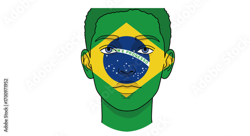 Illustrated man's face painted with the Brazilian flag showcasing patriotism and cultural identity in vector design
