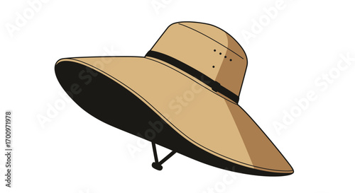 Illustration of a beige sun hat with a dark band and chin strap offering protection from sunshine and heat