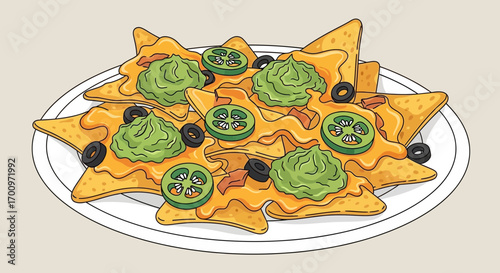 Illustration of loaded nachos with cheese, guacamole, jalapenos and olives on a white plate, perfect for food lovers and restaurant menus